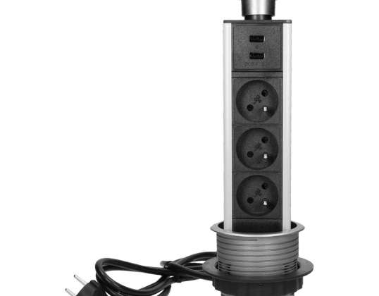 Furniture socket ?8cm retractable from the countertop with USB charger and 1.8m cable. 3x2P Z. 2xUSB