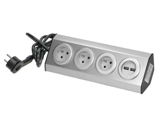 Πρίζα έπιπλου. κουζινίσκο με φορτιστή USB. τοποθετείται με αυτοκόλλητο Velcro με καλώδιο 1.5m 3x2P Z. 2xUSB. INOX με καλώδιο 1.5m.