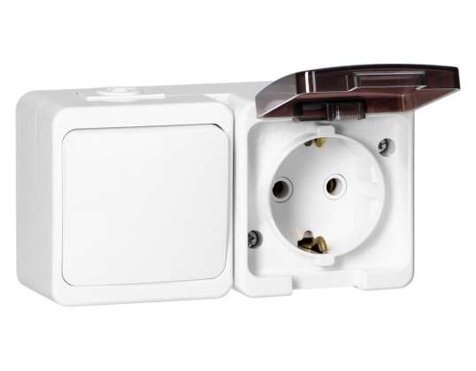 Enkeltkontakt 2P Z bryzgood. SCHUKO med røykklap  Bryter 1-polar IP44. SMART. hvit