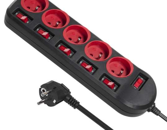 Barre multiprise Maclean. Rallonge 5 prises. Avec interrupteurs. 250VAC/10A. 1,5m. MCE204