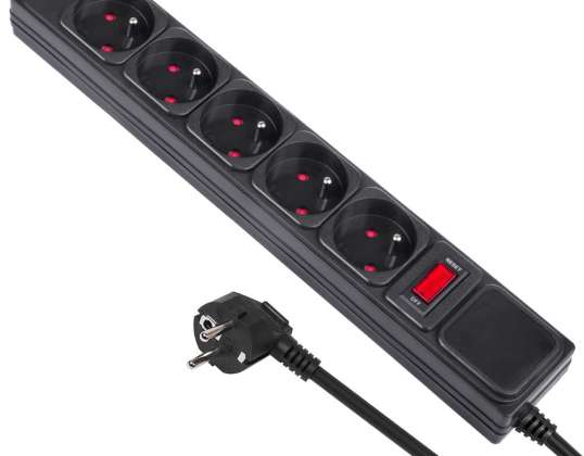 Maclean voedingsstrip verlengsnoer 5 stopcontacten met overspanningsbeveiligingsschakelaar 250VAC/10A 1.5m MCE219