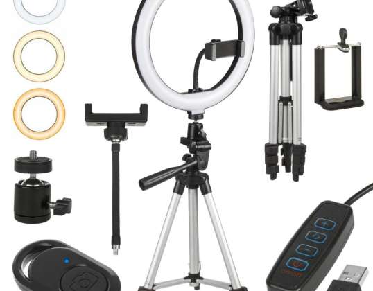 Maclean LED ring light.avec trépied. 1,1 m. 10&quot;. 12W. défi personnel. BT. couleurs 3000K 6500K luminosité 10 100 . Référence MCE610