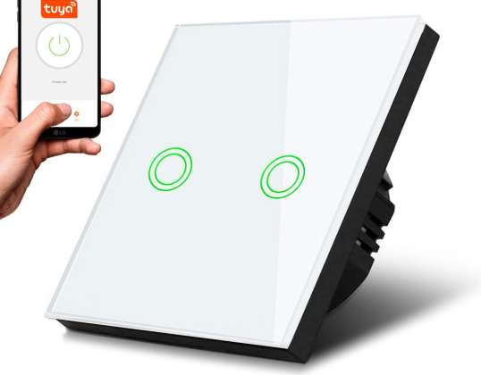 Dotykový vypínač světla Maclean dvojitý SMART Tuya APP skleněný bílý s kulatou podsvětlením tlačítka 86x86mm MCE714W