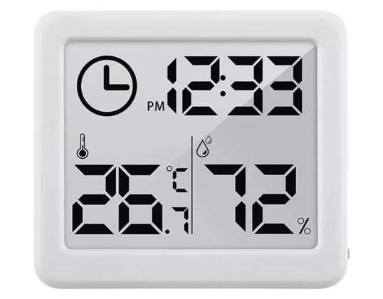 Termometer/hygrometer med klokke funksjon. GreenBlue. hvit. GB384W