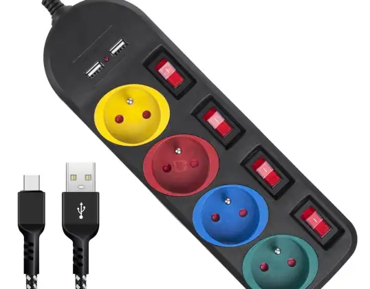 Maclean stekkerdoos. verlengkabel 4 stopcontacten 2xUSB. met schakelaars. 250VAC/10A. 2.1A 5V. 1,5 m. wit. MCE229B USB M-kabel