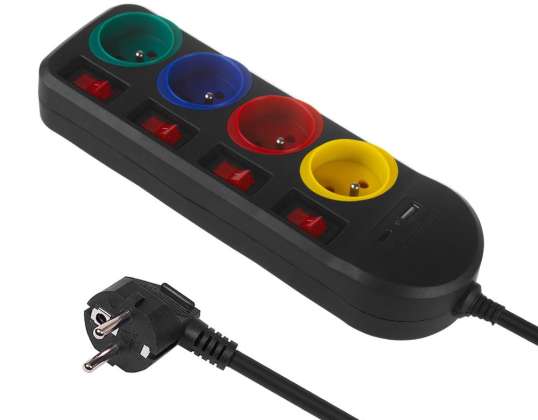 Maclean Steckdosenleiste 4 USB A / C Steckdosen mit Schaltern 250VAC/10A 1.5m Schwarz MCE508 B