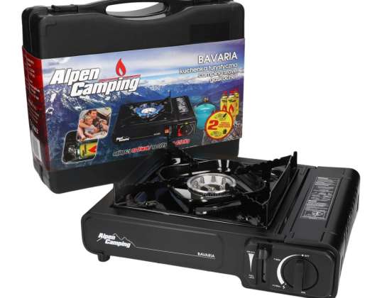 Alpen Camping kempingový vařič. Výkon: 2,0 kW.  Spotřeba plynu 146g/h. Typ plynu butan. BAVORSKO