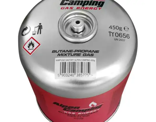 Φυσίγγιο αερίου 450g Alpen Camping. Πιστοποιητικό: Pi 0437. συμβατό με το πρότυπο EN417. βουτάνιο προπανίου. Εύρος 10°C έως 40°C. Βιδωτή βαλβίδα 7/