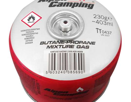 Газовый баллончик 230г Alpen Camping. Сертификат: Pi 0656. Соответствует стандарту EN417. пропан-бутан. Диапазон от 10°C до 40°C. Резьбовой клапан 7/