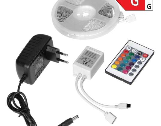 Zestaw taśma LED 12V 30L/m 100lm/m 7.2W/m IP20 RGB 3m   Sterownik RGB   Zasilacz 12V
