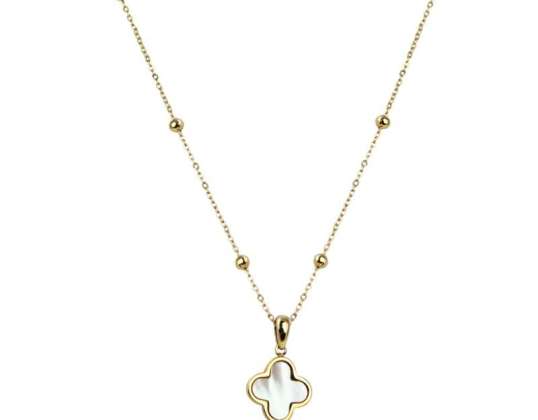14k vergulde RVS ketting, klaver, parelmoer NST2187