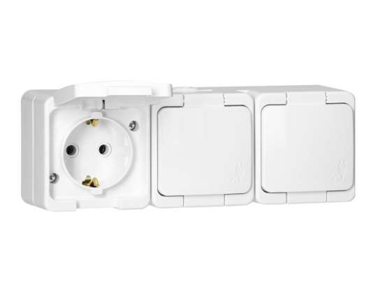 Dreifachsteckdose 3x 2P Z SCHUKO mit spritzwassergeschütztem Deckel in IP44 Farbe. SMART. weiß