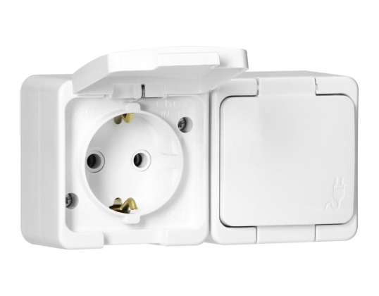  divvietīga kontaktligzda 2x 2P Z SCHUKO ar spritzproof vāciņu produkta krāsā IP44. SMART. balta