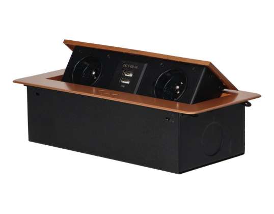 Zásuvky zapustené do dosky s plochým frézovaným okrajom a USB nabíjačkou. 2x2P Z. 2xUSB. zlaté