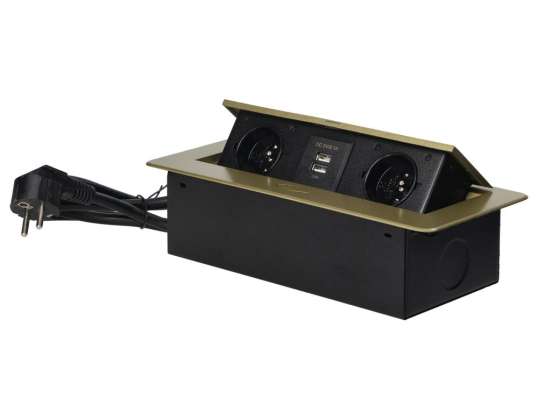 Möbelsteckdosen zum Einbau in die Arbeitsplatte mit flacher gefräster Kante. USB-Ladegerät und Kabel 1,5m. 2x2P Z. 2xUSB. Farbton Messing