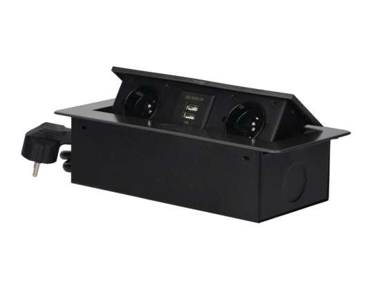 Einbau-Steckdosen mit flachem gefrästem Rand. USB-Ladegerät und Kabel 1,5m. 2x2P Z. 2xUSB. graphitfarben