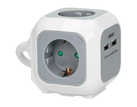 4-fordulatos hosszabbító 2P Z schuko töltő 2xUSB 1,4m H05VV F 3x1,5mm? szürke-fehér