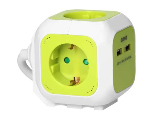 Prodlužovací kabel Cube 4x Schuko s nabíječkou 2xUSB 1.4m limetkově zelený