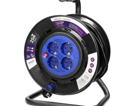 Extension cable reel 4 sockets 2P Z schuko PVC cable H05VV F 3x1.5mm? length 25m FIXED SOCKETS thermal protection