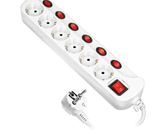 Multiprise "Multiswitch". 6 prises 2P Z schuko. câble 3x1.5mm?. longueur 1.5m. avec interrupteurs éclairés : principal bipolaire et