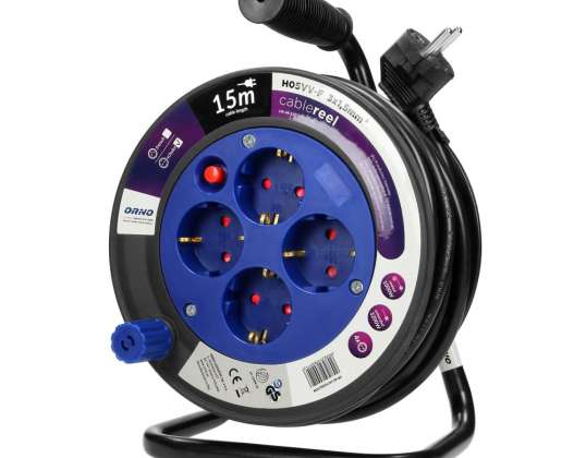 MINI Extension Reel  4 Sockets 2P Z Schuko  Metal Stand  Polwinit H05VV F 3x1.5mm?   15m