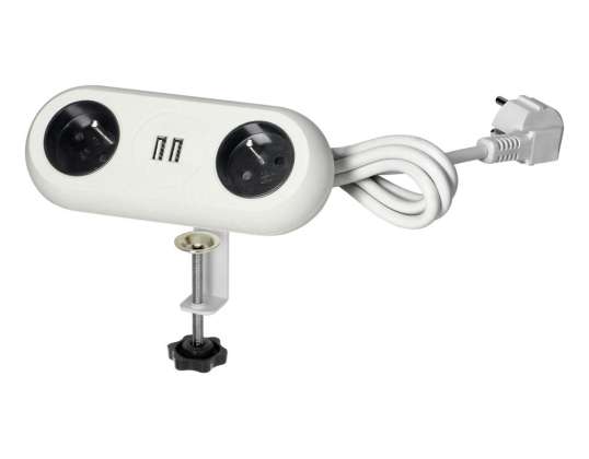 Toma de muebles con soporte de montaje. Cargador USB. 2 tomas 2P Z. 2xUSB. Cable 3x1.0mm? 1.5m. Blanco
