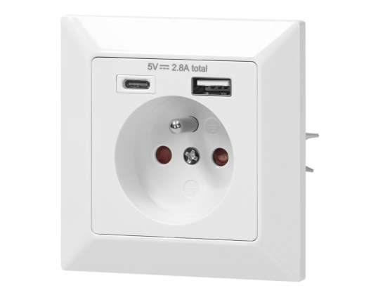 Prise simple 2P Z. USB A USB C. sortie 5VDC. max 2.8A