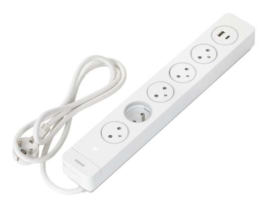 Regleta de sobrevoltaje 5 tomas 2P Z tipo EasyEject cable 1,5 m 3x1,5mm2 con interruptor iluminado y 2 cargadores rápidos USB A + C
