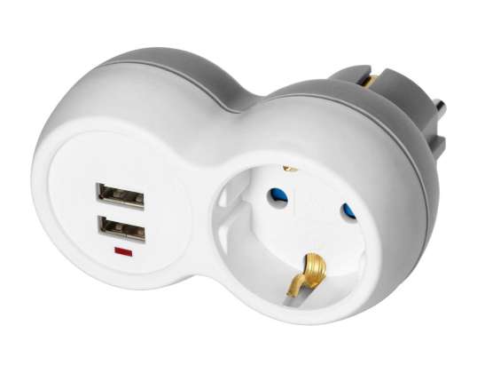 Sadalītājs 2P Z Schuko ar lādētāju 2xUSB, balti pelēks