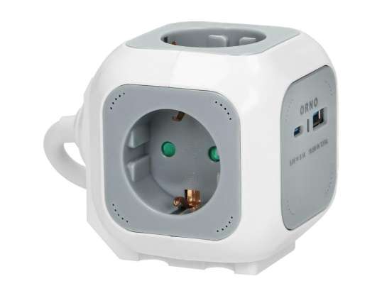 Verlengkabel 4x2P met Schuko . USB A C lader. Snelladen. 1.4m H05VV F 3x1.5mm?. grijs