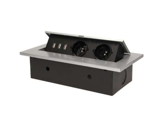 Inbouw meubelstopcontact met dikke rand. 2x2P Z. 3 USB-poorten. zilver