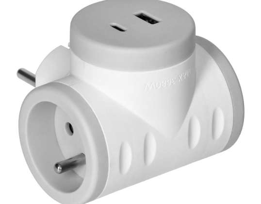 Elosztó 2P Z 2xUSB töltővel. gyors töltés. fehér szürke