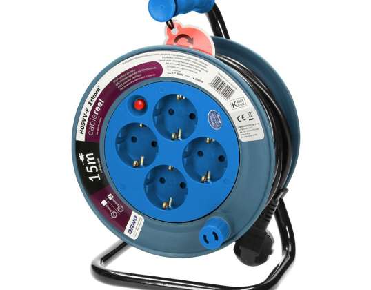 MINI hengerdő hosszabbító 4 aljzat 2P Z fém állvány polivinil H05VV F 3x1mm, hossz 15m, türkiz, Schuko verzió