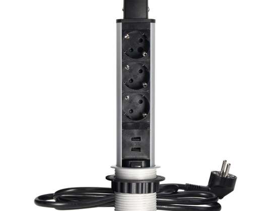 Möbelsteckdose ?6 cm ausziehbar aus der Arbeitsplatte mit USB-Ladegerät, Sperre und 1,8 m Kabel, 3x2P+Z (Schuko), silber