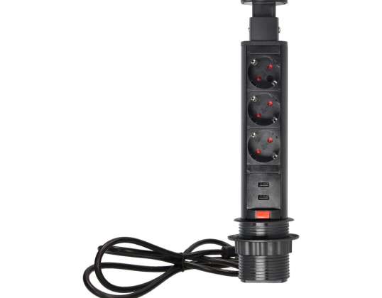 Möbelsteckdose 6 cm ausziehbar von der Arbeitsplatte mit USB-Ladegerät, Sperre und 1,8 m Kabel, 3x2P+Z (Schuko), schwarz