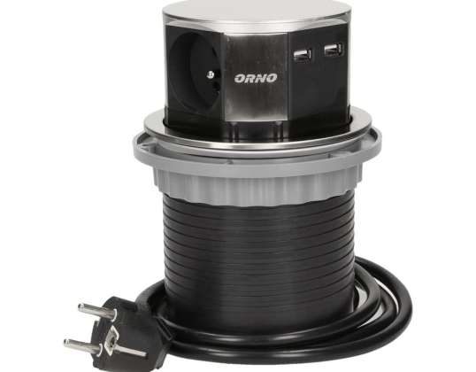 Gniazdo meblowe ?10cm wysuwane z blatu z ładowarką USB i przewodem 1.5m. 3x2P Z. 2xUSB. INOX