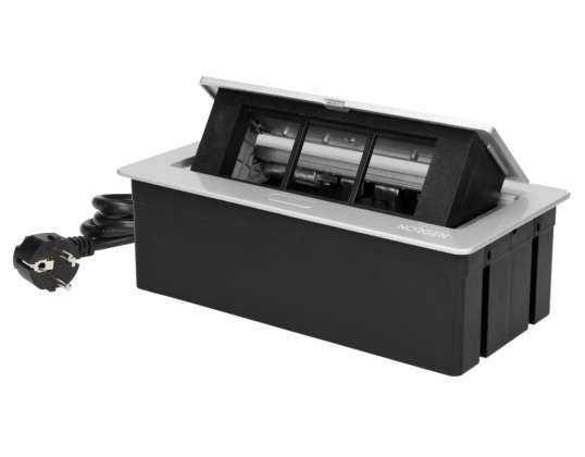 NOEN Einbautischdose mit integriertem PVC-Rahmen für modulare Steckdosen 3 x 45x45mm oder 6 x 22.5x45mm. Kabel 1,5 m. silber