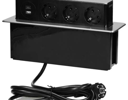 Prise intégrée rétractable dans le plan de travail avec bord fraisé plat. Chargeur USB et câble de 2m. 3 prises de type F. 2 x USB Type A C 3.0A. 3x1.5mm?