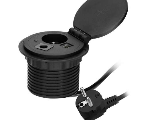Prise mobilier ?8cm encastrée dans le plan de travail avec chargeur sans fil. Chargeur USB avec 2 prises A et C. Passe-câble avec câble de 1,8 m. 1x2P Z.