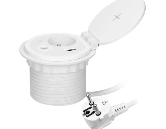 Prise de meuble encastrable de 8 cm avec chargeur sans fil.
