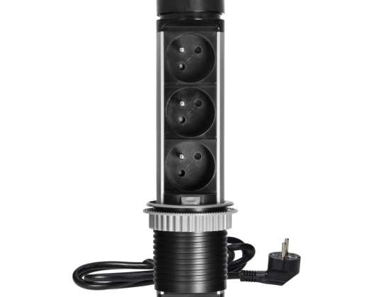 Eingebautes Möbelsteckdosen ?6cm mit USB-Ladegerät und 1,5m Kabel. 3x2P Z. 2xUSB Typ A und Typ C. INOX