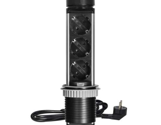 Eingelassenes Möbelsteckdosen ?6cm mit USB-Ladegerät und 1,5m Kabel. 3x2P Z Schuko. 2xUSB Typ A und Typ C. INOX
