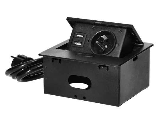 Eingebauter Möbelstecker mit USB-Ladegerät und 1,5 m Kabel. 1x2P+Z. 2xUSB Typ A. 2,1A. flacher gefräster Rand. schwarz