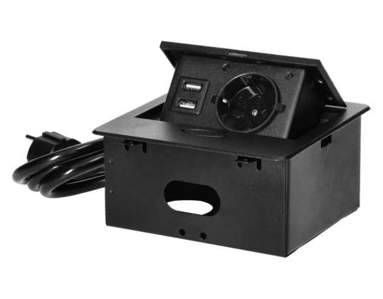 Eingebauter Möbelanschluss mit USB-Ladegerät und 1,5 m Kabel. 1x2P Schuko. 2xUSB Typ A. 2.1A. flacher gefräster Rand. schwarz