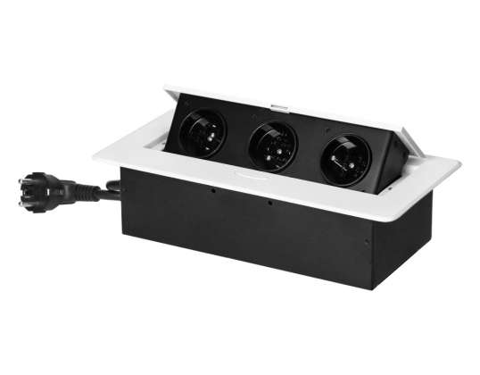 Eingebautes Möbelsteckdose in die Arbeitsplatte mit flachem gefrästem Rand und einem 1,5m Kabel. 3x2P Z. weiß