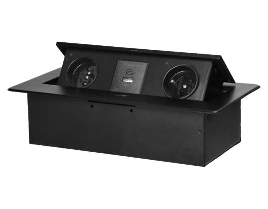 Recessed furniture socket with flat milled edge and USB charger. 2x2P Z. 2xUSB type A C; 3.6A. black