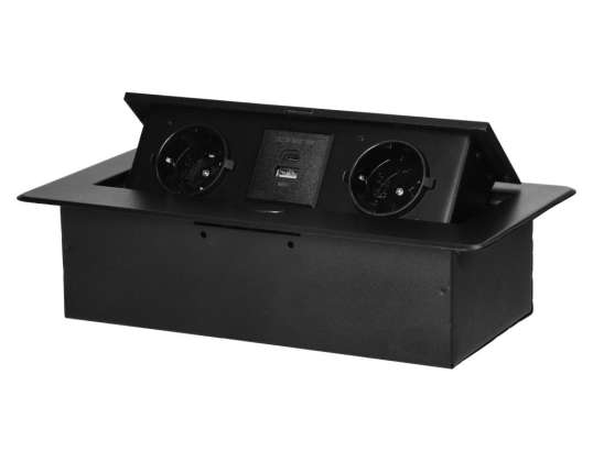 Ingebouwde meubelcontactdoos met vlak gefreesde rand en USB-oplader. 2x2P Z Schuko. 2x USB type A C; 3.6A. zwart