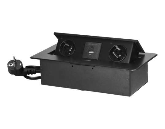 Вбудовані в стіл розетки з плоским фрезерованим краєм. USB-зарядний пристрій і кабель 1,5 м. 2x2P Z. 2xUSB тип A C; 3,6A. чорні
