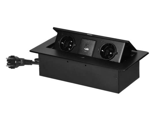 Recessed furniture socket into the countertop with flat milled edge.