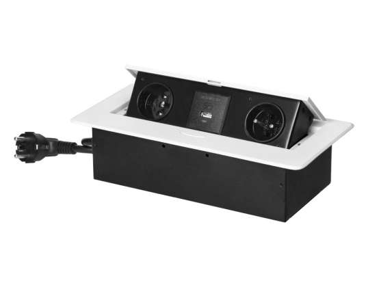 Вбудовані в стільницю меблеві розетки з плоским фрезерованим краєм. USB зарядний пристрій та кабель 1.5 м. 2x2P Z. 2xUSB тип A C; 3.6A. білий